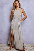 Sleeveless Racerback Back Zipper Front Slit Knit Maxi Dress: ROMANTIC TAUPE / S