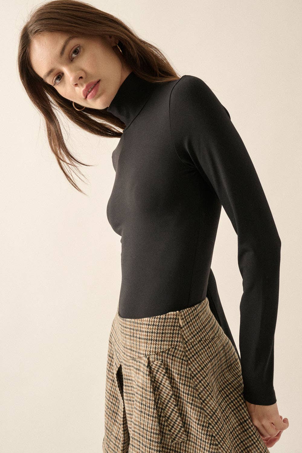 Solid Knit Mockneck Long-Sleeve Bodysuit: BLACK