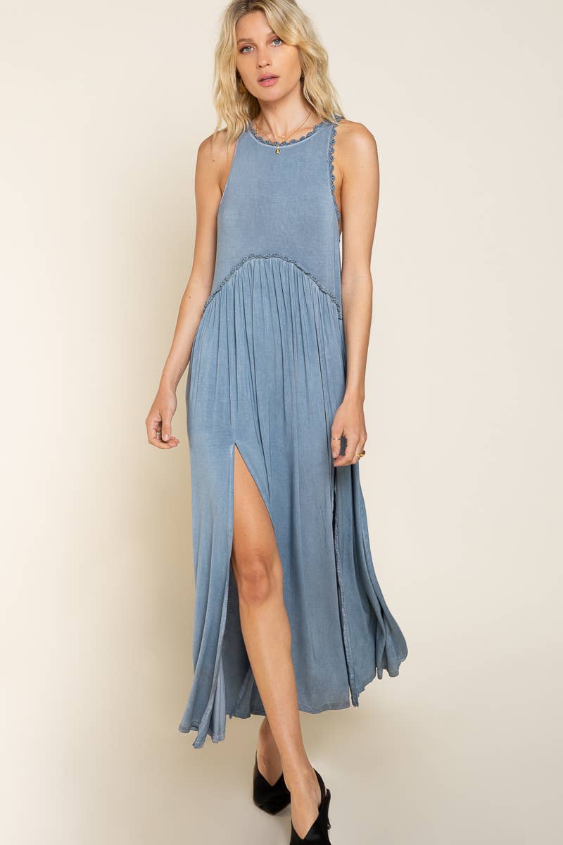 Sleeveless Racerback Back Zipper Front Slit Knit Maxi Dress: ROMANTIC TAUPE / M