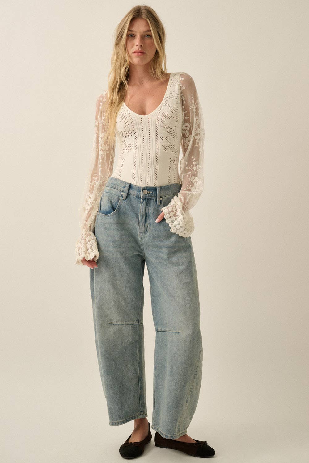 Floral and Ribbed Pointelle-Knit Lace Bubble-Sleeve Bodysuit: Deep Brown / M