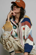 POL Handmade Patchwork Striped Chenille Sweater Open Cardigan: CREAM MULTI