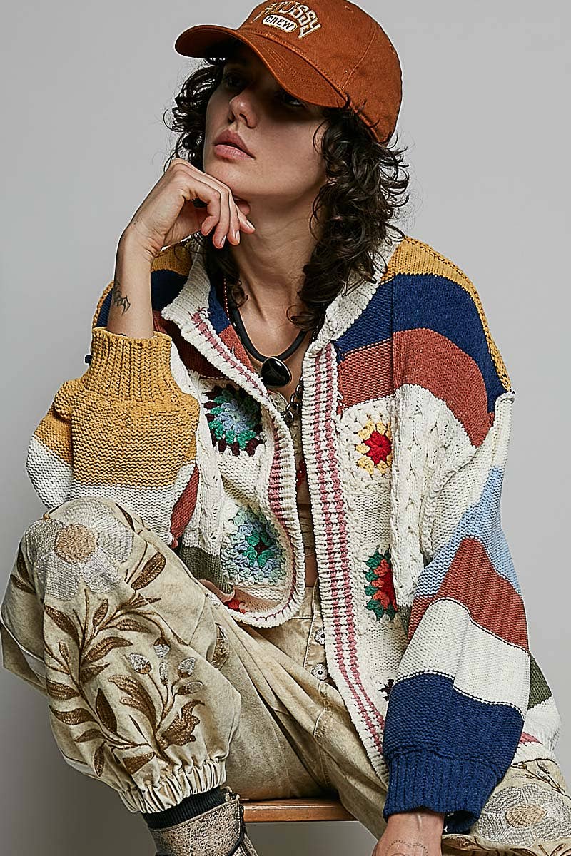 POL Handmade Patchwork Striped Chenille Sweater Open Cardigan: CREAM MULTI
