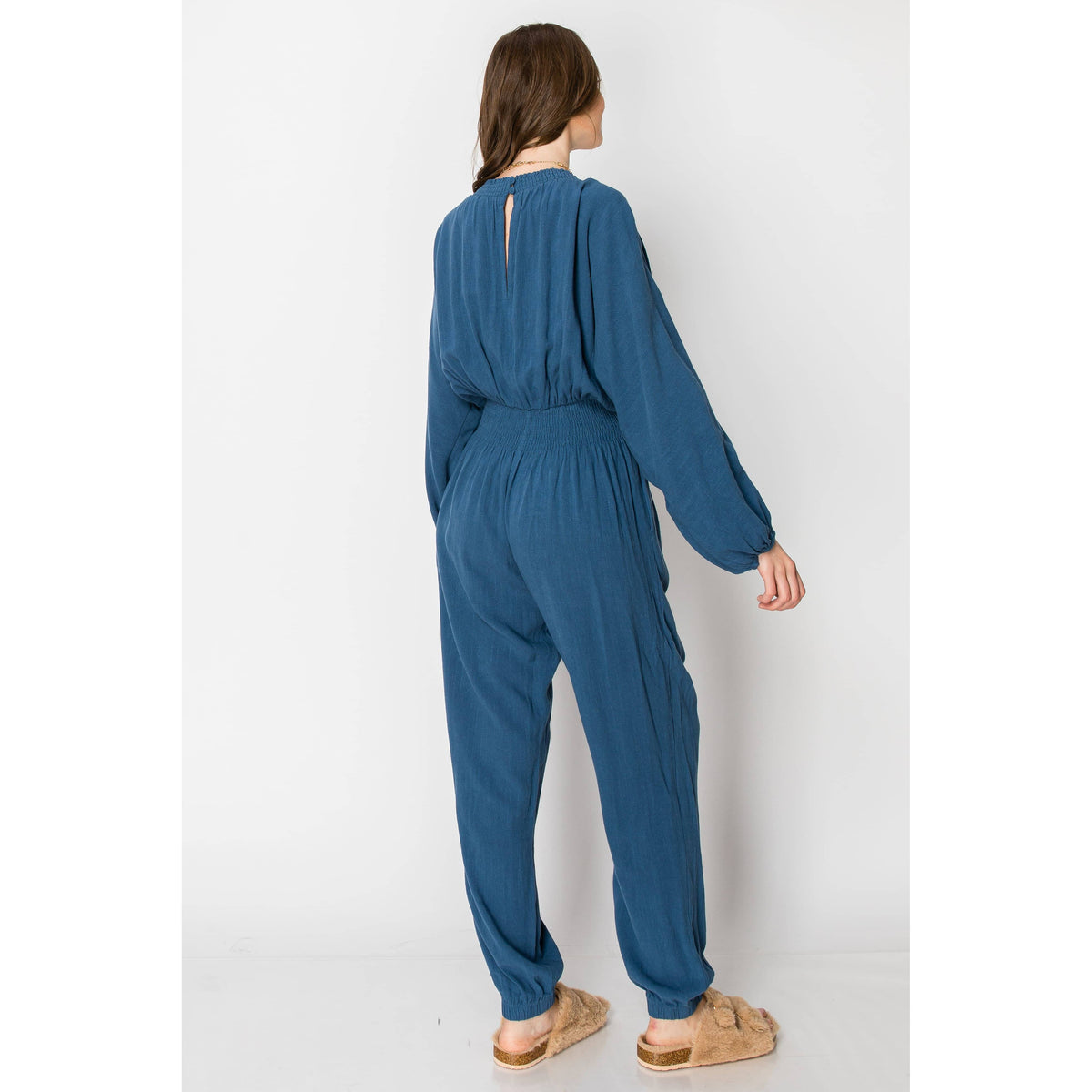 Dolman Sleeve Deep V-neck JUMPSUIT with Pockets: SLATE BLUE / XL