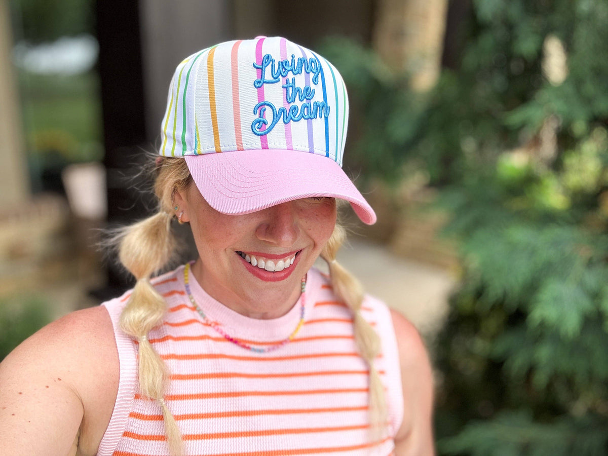 Embroidered Baseball Cap -"Living the Dream"-Colorful + Pink