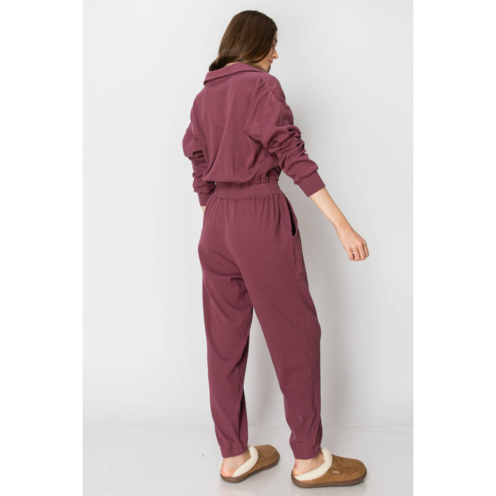 Long Sleeve Cotton Ribbed Collared JUMPSUIT