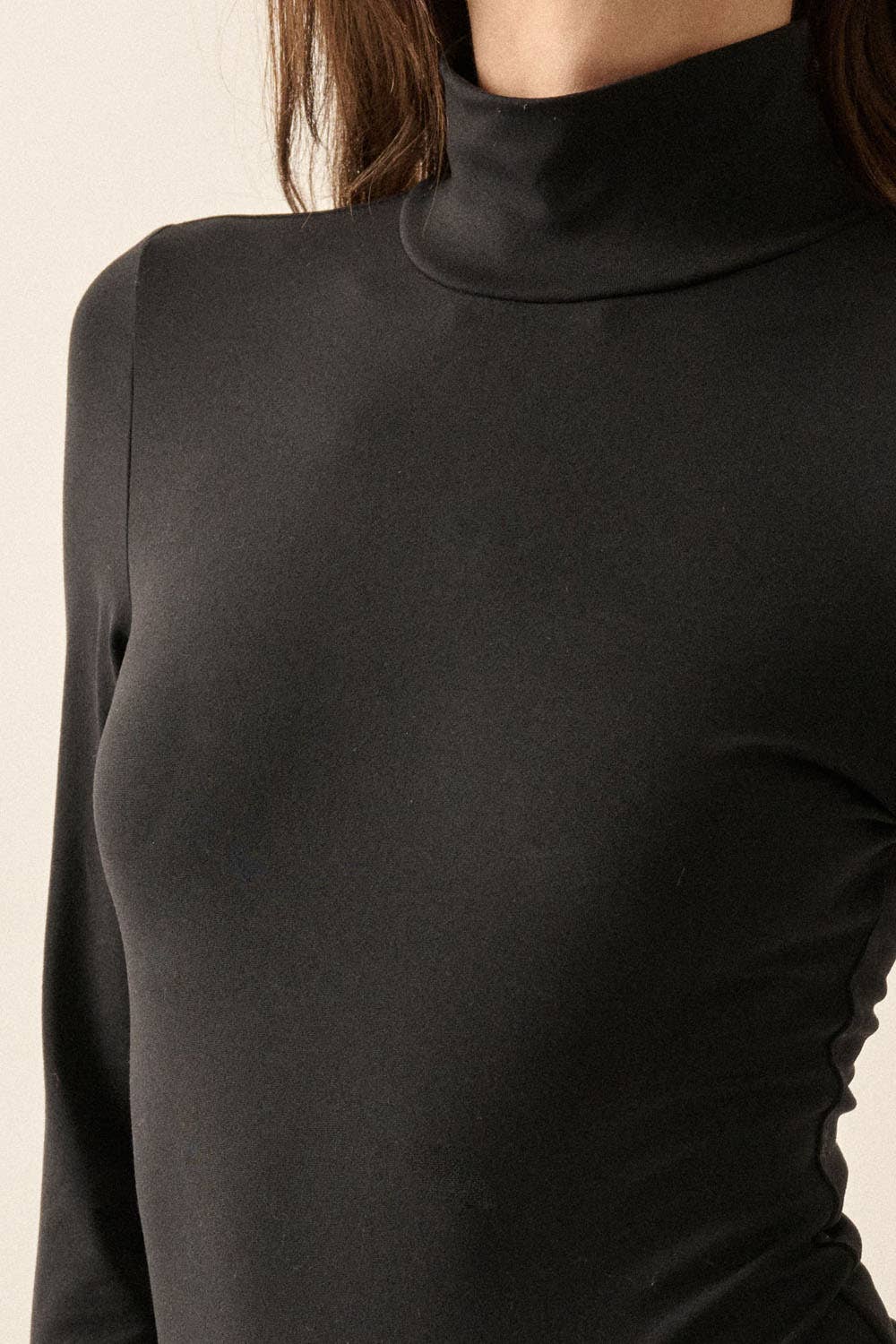 Solid Knit Mockneck Long-Sleeve Bodysuit: BLACK