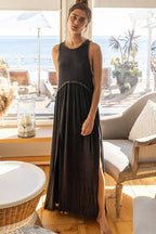 Sleeveless Racerback Back Zipper Front Slit Knit Maxi Dress: ROMANTIC TAUPE / M