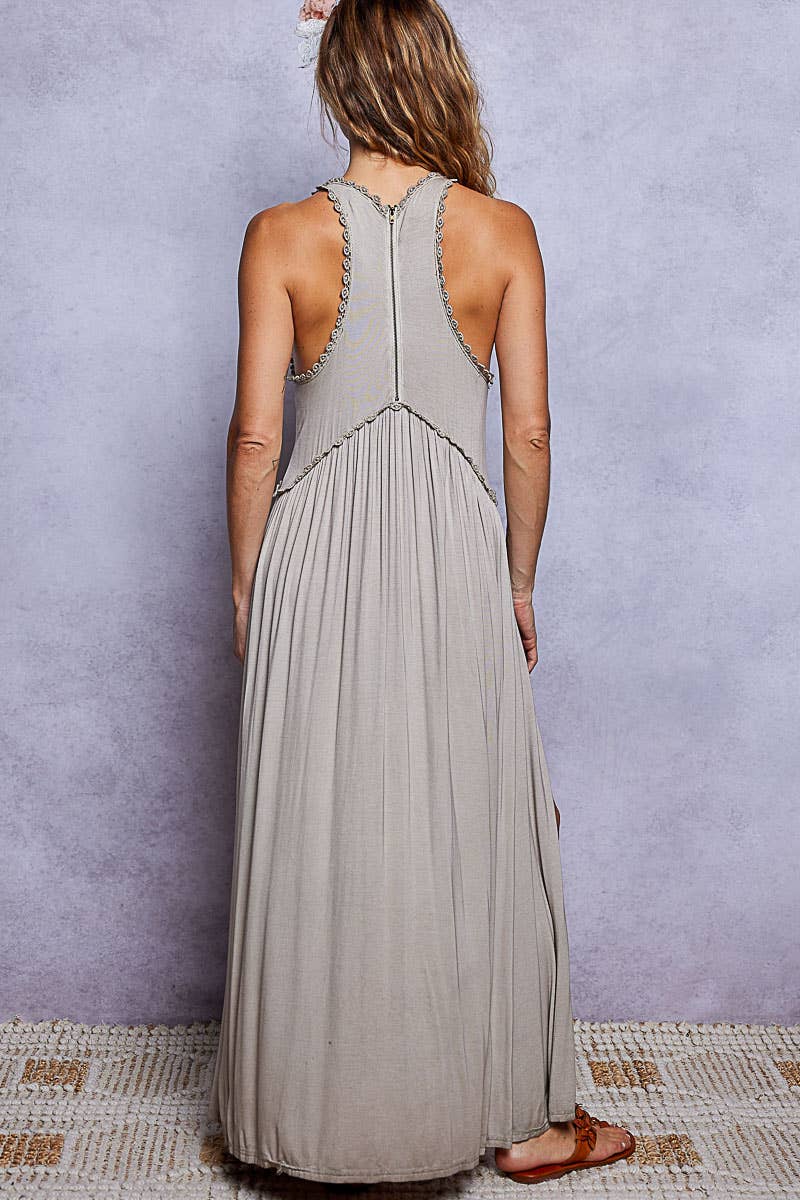 Sleeveless Racerback Back Zipper Front Slit Knit Maxi Dress: ROMANTIC TAUPE / S