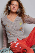 POL Vintage Wash Thermal Lace Sleeve V-Neck Button Slim Top: ROSE TAUPE