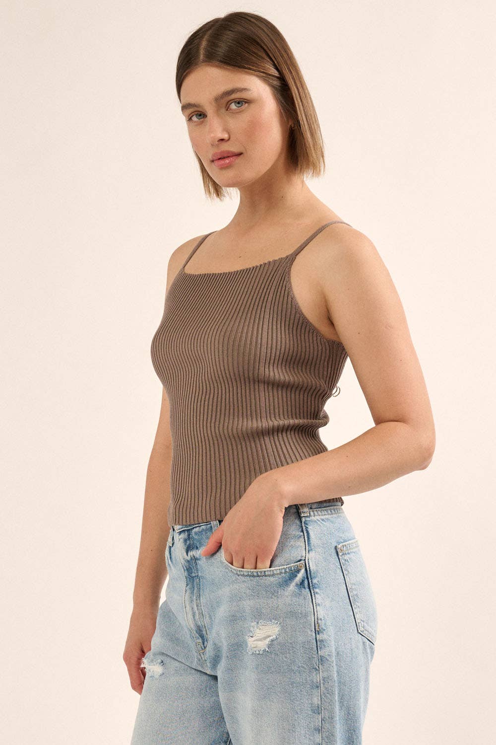 Shaper Fit Straight Rib Knit Open Back Cami Top: OFF WHITE / L