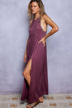 Sleeveless Racerback Back Zipper Front Slit Knit Maxi Dress: ROMANTIC TAUPE / L