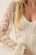 Floral and Ribbed Pointelle-Knit Lace Bubble-Sleeve Bodysuit
