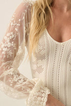 Floral and Ribbed Pointelle-Knit Lace Bubble-Sleeve Bodysuit