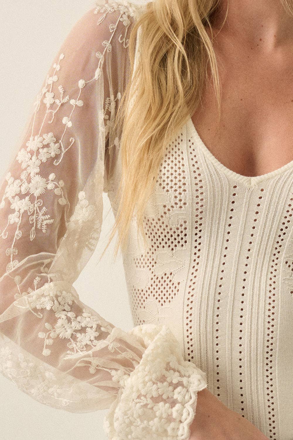 Floral and Ribbed Pointelle-Knit Lace Bubble-Sleeve Bodysuit: Deep Brown / M