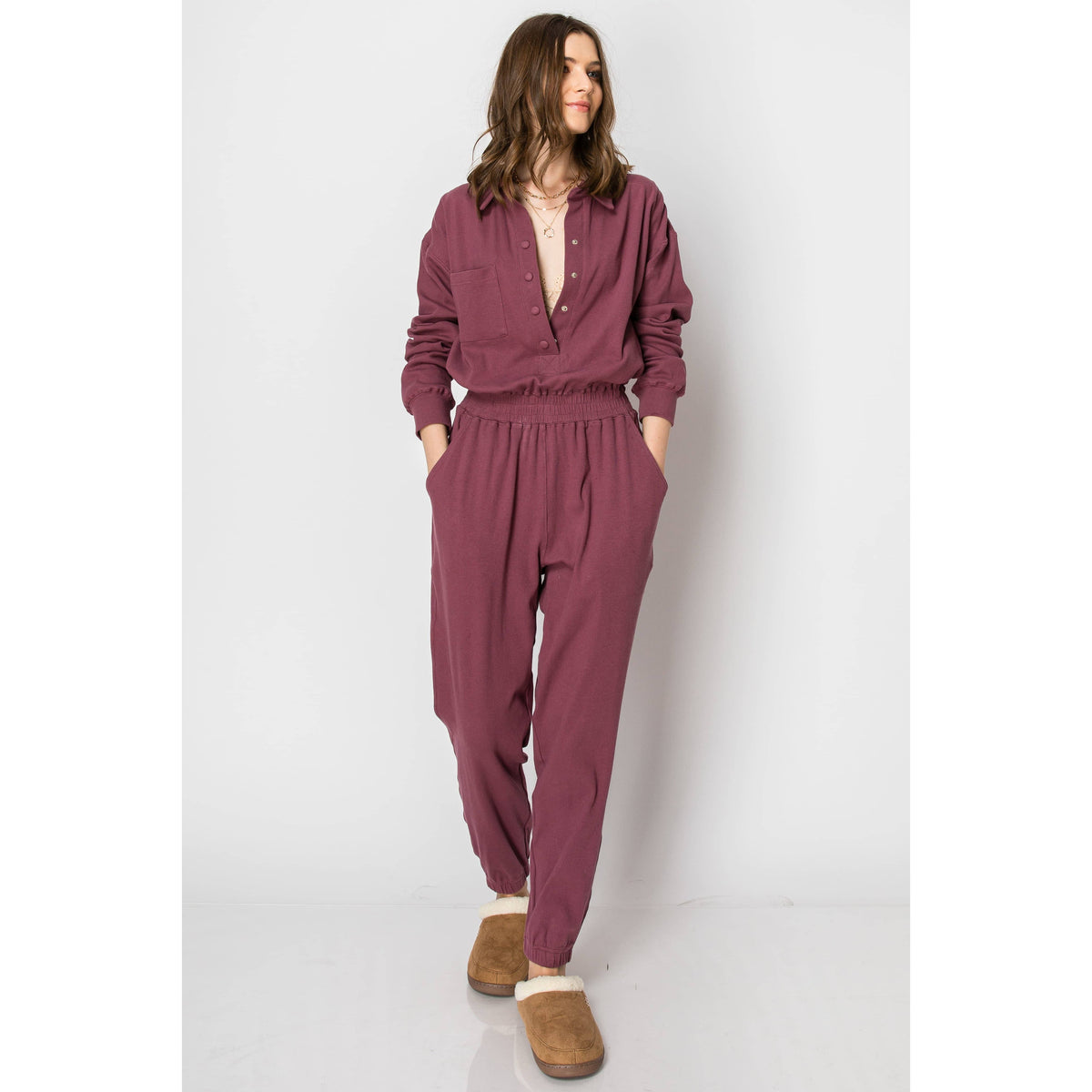 Long Sleeve Cotton Ribbed Collared JUMPSUIT