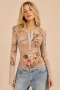 Floral Print Long Sleeve Mesh Henley Top