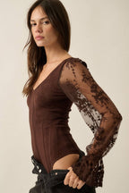 Floral and Ribbed Pointelle-Knit Lace Bubble-Sleeve Bodysuit: Deep Brown / M