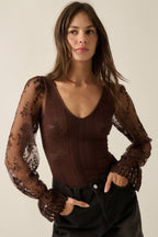 Floral and Ribbed Pointelle-Knit Lace Bubble-Sleeve Bodysuit