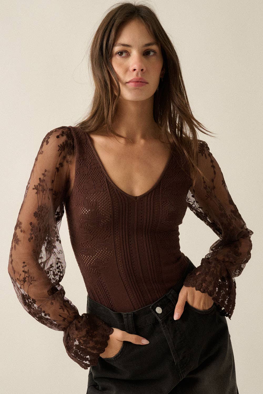 Floral and Ribbed Pointelle-Knit Lace Bubble-Sleeve Bodysuit: Deep Brown / M