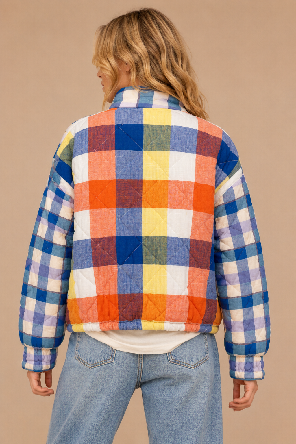 Quilted Patchwork Puffer: Blue Combo / S