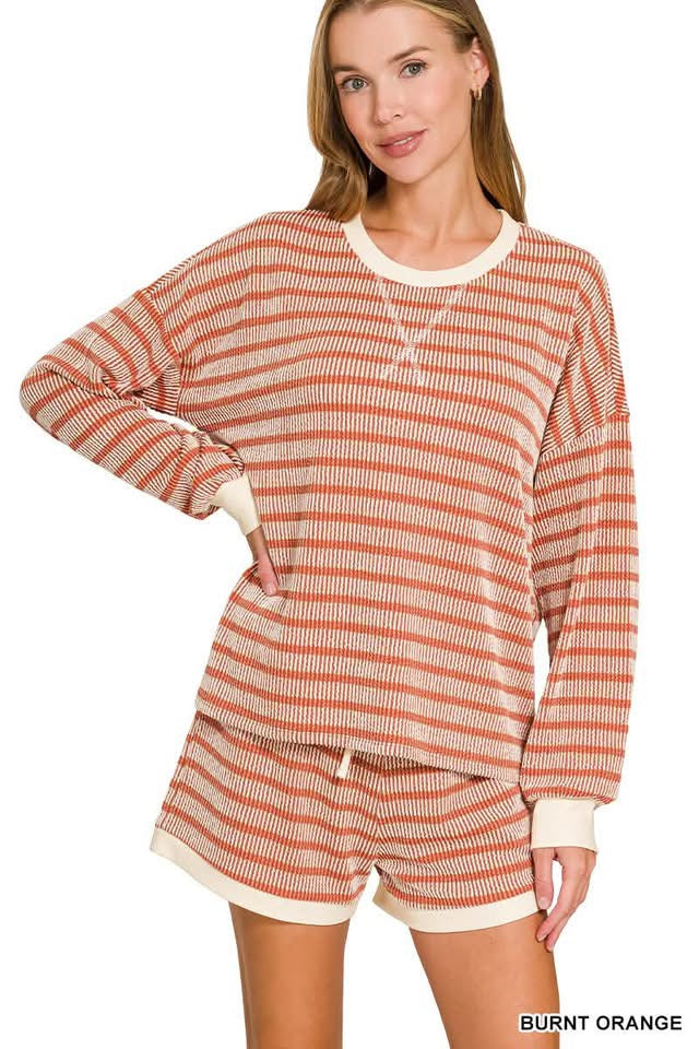 Raised Ribbed Striped Pullover & Shorts set