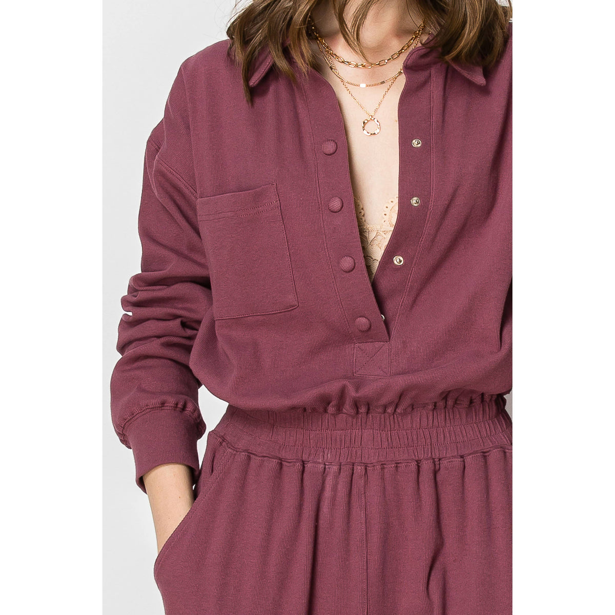 Long Sleeve Cotton Ribbed Collared JUMPSUIT