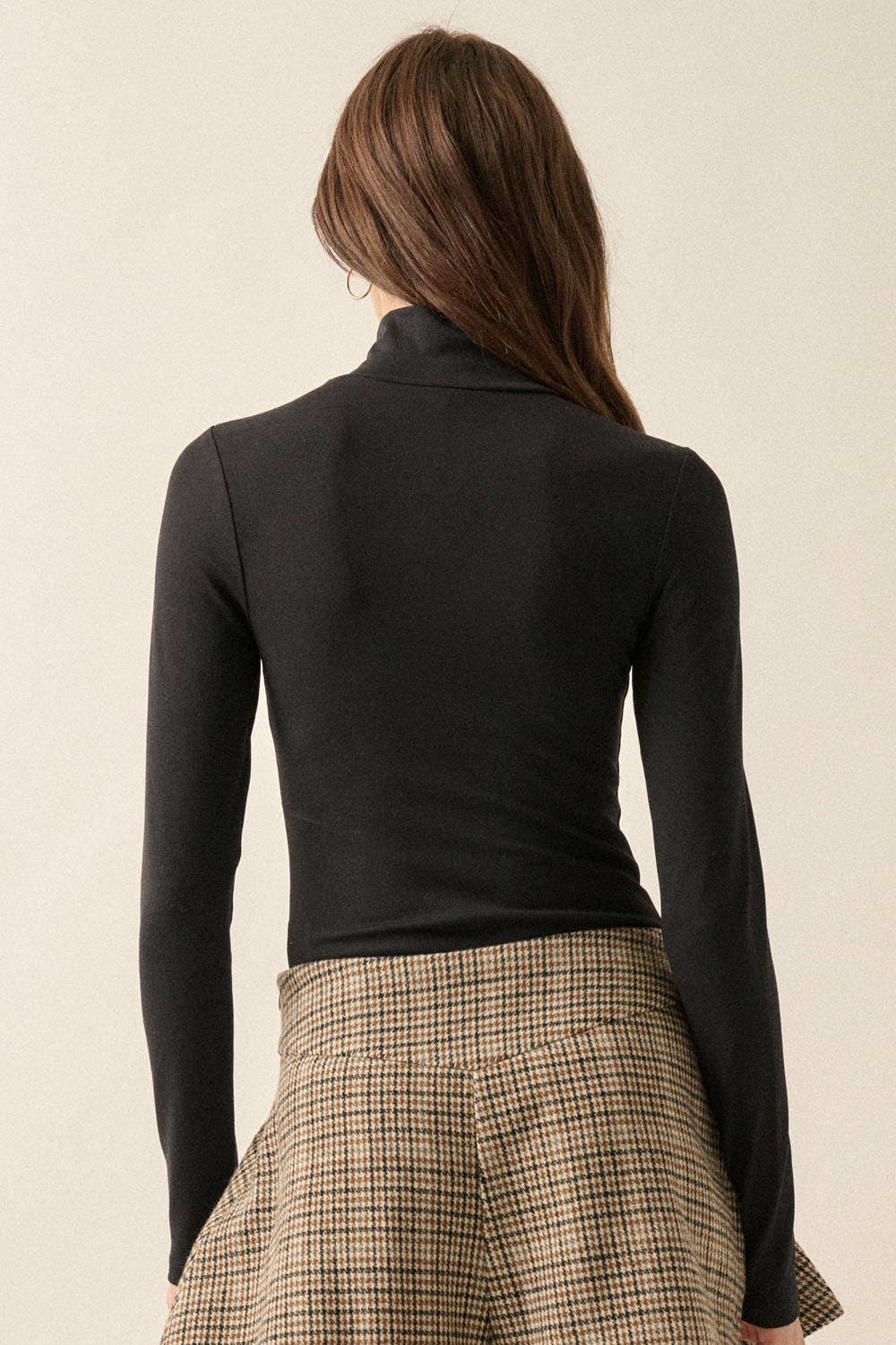 Solid Knit Mockneck Long-Sleeve Bodysuit: BLACK