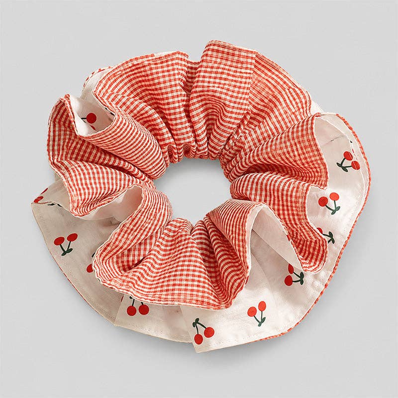 Cherry Gingham Ruffle Hair Scrunchie: reversible/ One Size