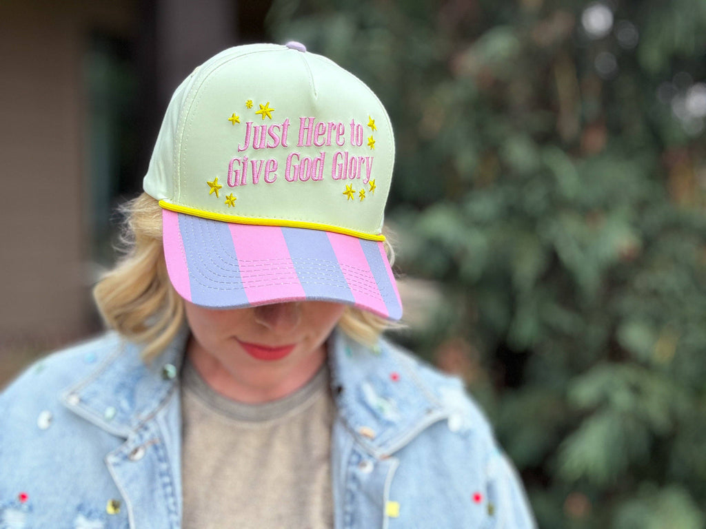 Embroidered Baseball Cap - "...Give God Glory" -Green + Pink