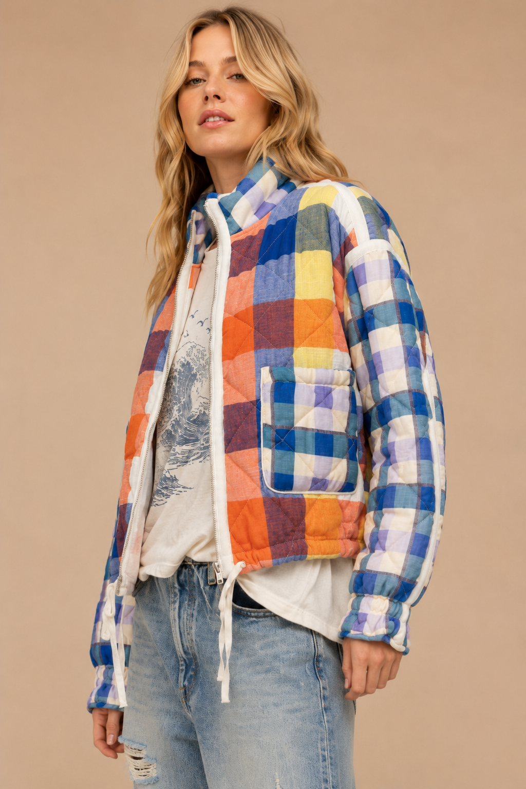 Quilted Patchwork Puffer: Blue Combo / S