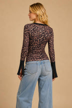 Multi Print Long Sleeve Mesh Henley Top: TAUPE FLORAL / S