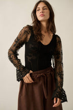 Floral and Ribbed Pointelle-Knit Lace Bubble-Sleeve Bodysuit: Deep Brown / M