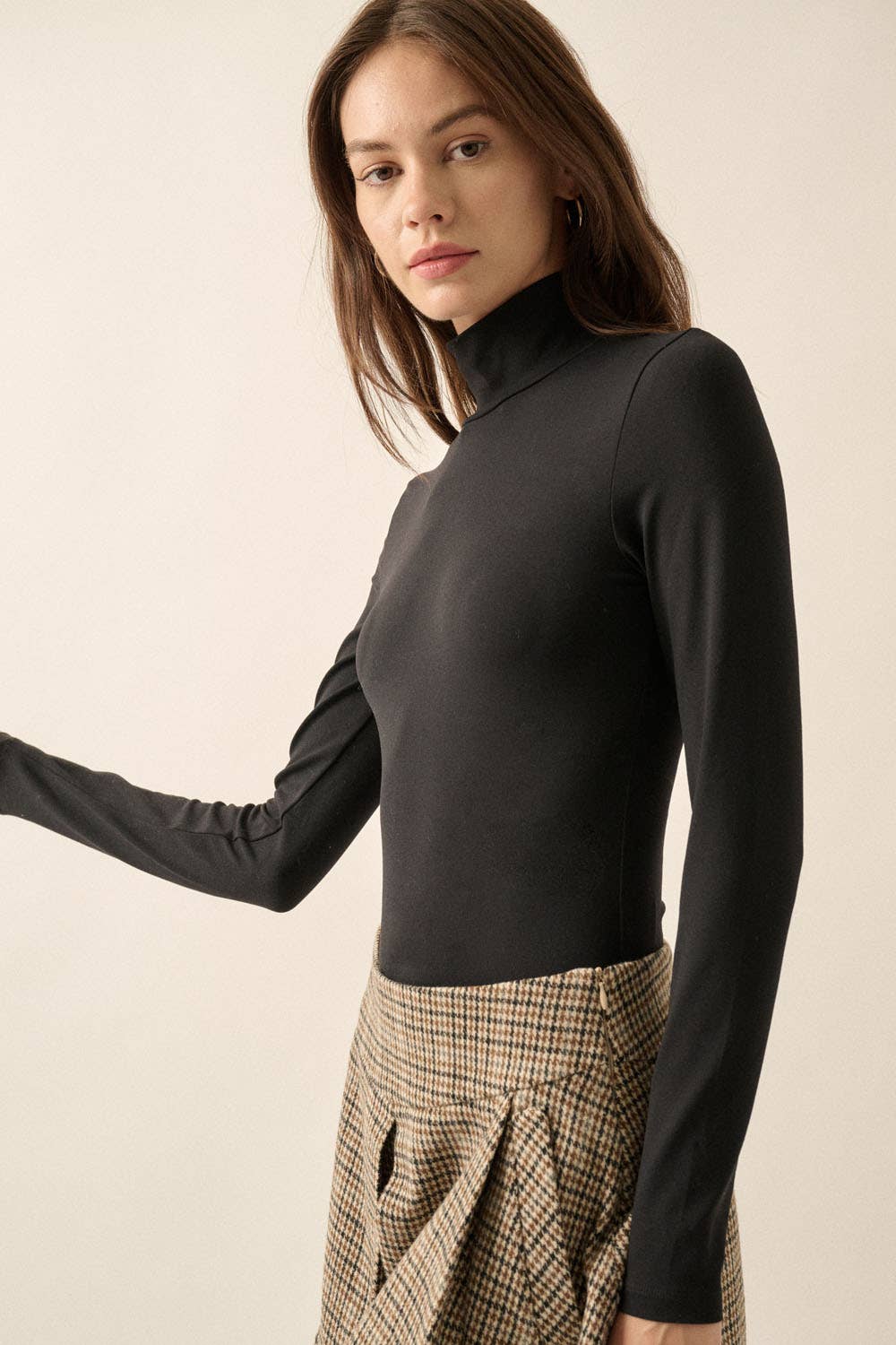 Solid Knit Mockneck Long-Sleeve Bodysuit: BLACK