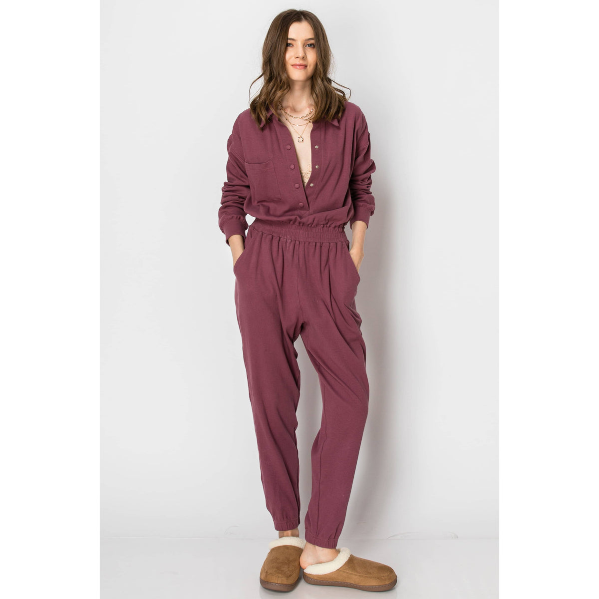 Long Sleeve Cotton Ribbed Collared JUMPSUIT