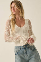 Floral and Ribbed Pointelle-Knit Lace Bubble-Sleeve Bodysuit