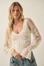 Floral and Ribbed Pointelle-Knit Lace Bubble-Sleeve Bodysuit