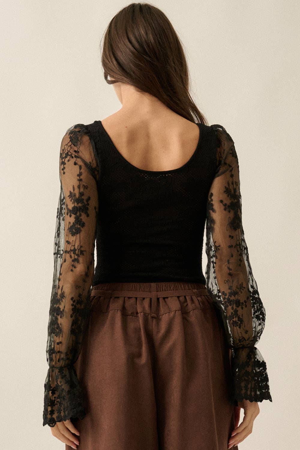 Floral and Ribbed Pointelle-Knit Lace Bubble-Sleeve Bodysuit: Deep Brown / M