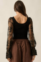 Floral and Ribbed Pointelle-Knit Lace Bubble-Sleeve Bodysuit: Deep Brown / M