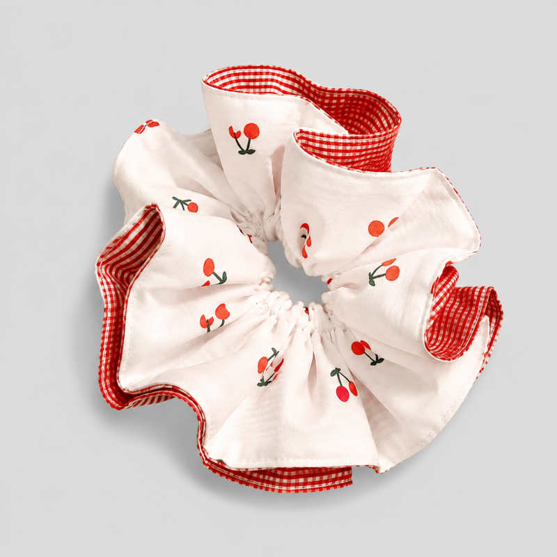 Cherry Gingham Ruffle Hair Scrunchie: reversible/ One Size