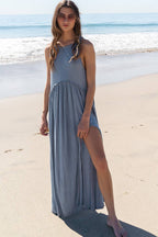 Sleeveless Racerback Back Zipper Front Slit Knit Maxi Dress: ROMANTIC TAUPE / M