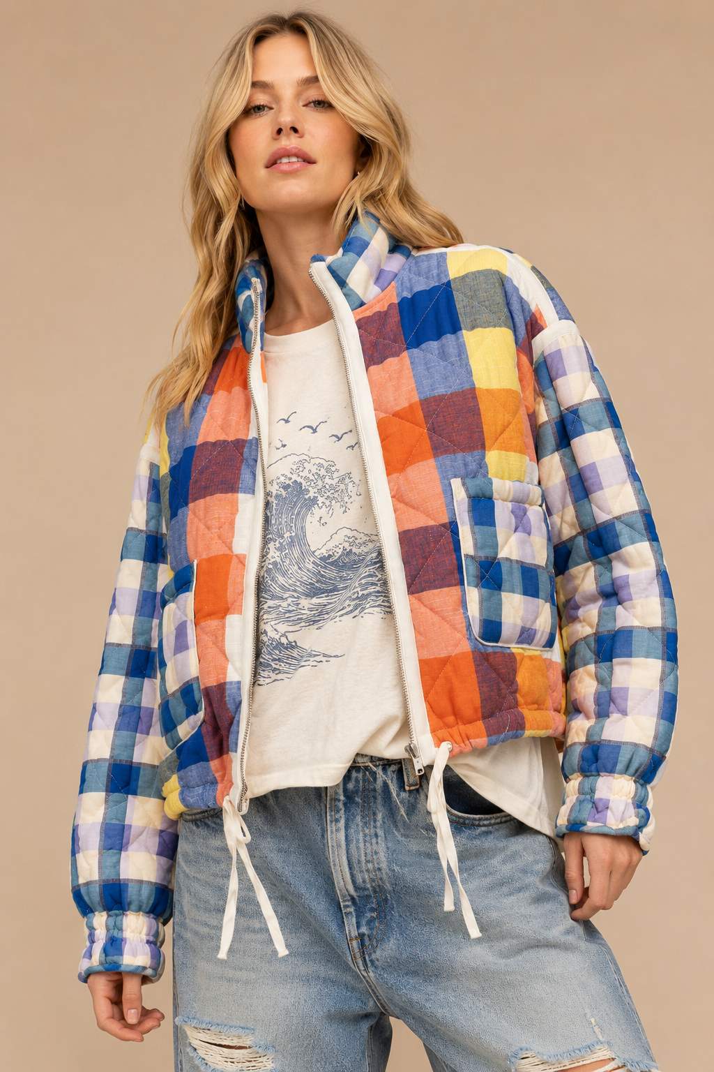 Quilted Patchwork Puffer: Blue Combo / S