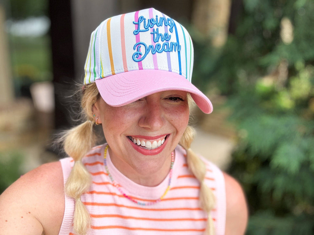 Embroidered Baseball Cap -"Living the Dream"-Colorful + Pink