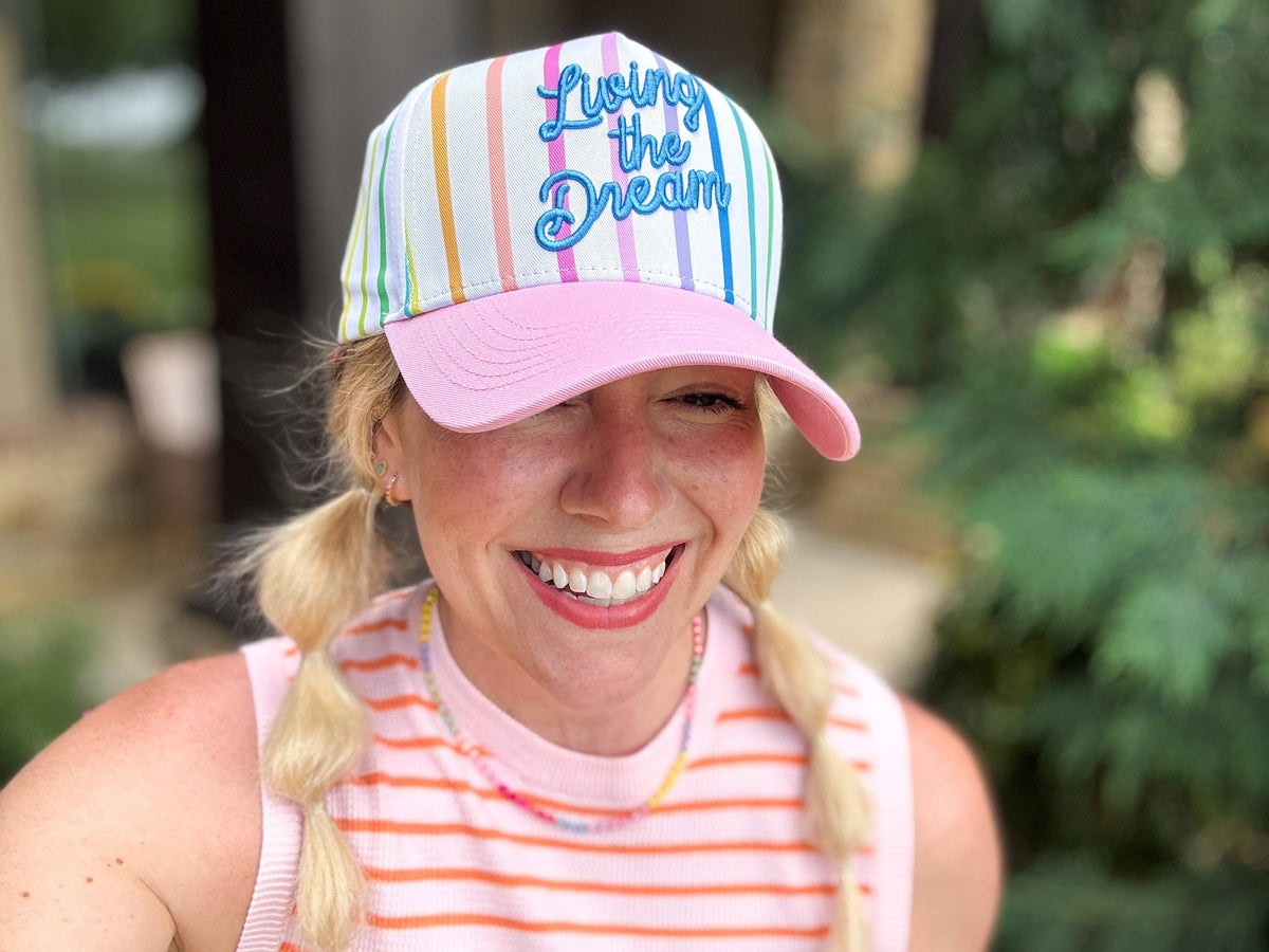 Embroidered Baseball Cap -"Living the Dream"-Colorful + Pink