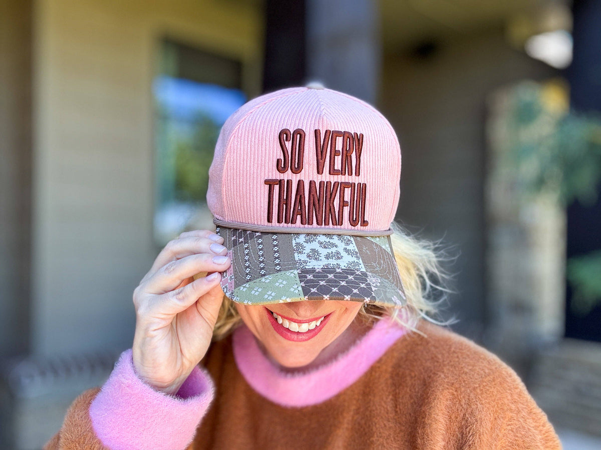 Embroidered Baseball Cap - "So Very Thankful" - Light Pink