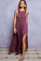 Sleeveless Racerback Back Zipper Front Slit Knit Maxi Dress: ROMANTIC TAUPE / L