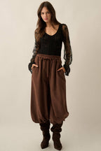 Floral and Ribbed Pointelle-Knit Lace Bubble-Sleeve Bodysuit: Deep Brown / M