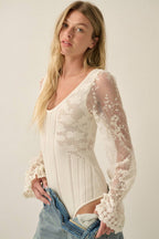 Floral and Ribbed Pointelle-Knit Lace Bubble-Sleeve Bodysuit: Deep Brown / M