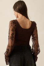 Floral and Ribbed Pointelle-Knit Lace Bubble-Sleeve Bodysuit