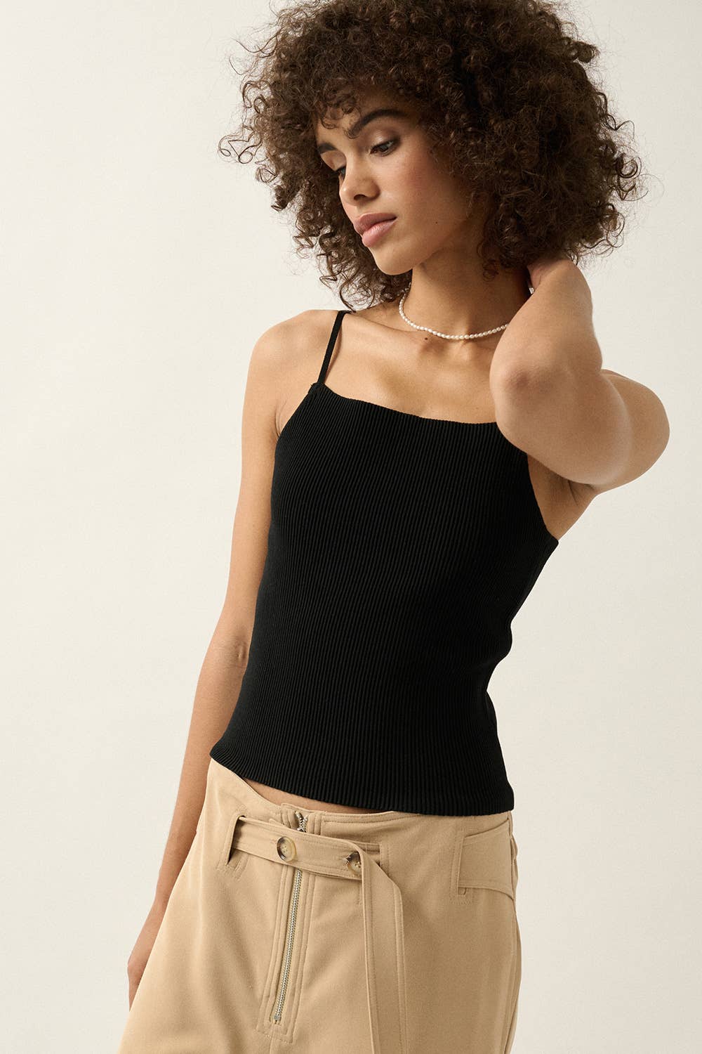 Shaper Fit Straight Rib Knit Open Back Cami Top: OFF WHITE / L