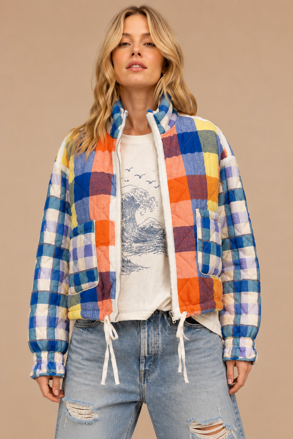 Quilted Patchwork Puffer: Blue Combo / S